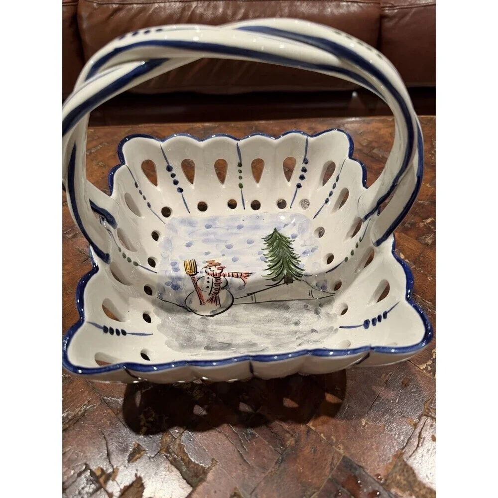 RCCL Portugal Porcelain Hand Painted Square Basket w/ Braided Handle- Christmas